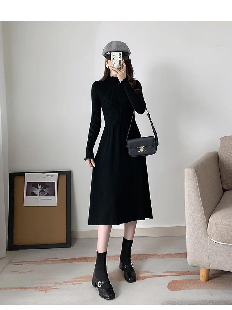 Description Picture 3 of itemNew 2023 Autumn Winter Sweater Dress Women Thicken Warm High Waist Knitted Dresses Korean Style Casual A Line Maxi Dress