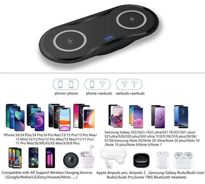 Description Picture 3 of itemDouble 2 in 1 Fast Wireless Charger for iPhone 11 12 13 14 X 8 XR AirPods Pro 40W Dual Wireless Charging Station for Samsung S22