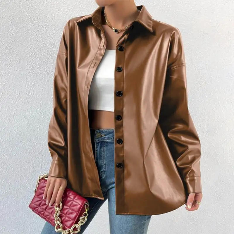 Description Picture 4 of item2023 Autumn Lapel Collar Coats ZANZEA Women Bomber Jackets Streetwear PU Leather Long Sleeve Blazer Oversized Buttons Outerwears