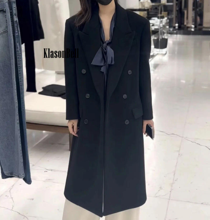 Description Picture 5 of item10.20 KlasonBell Winter New Black Temperament Shoulder Pads Double Breasted Thick Keep Warm Long Woolen Coat Women