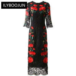 Dresses For Women 2023 Runway Luxury Brand  Summer Party Half sleeve Hollow out Flower Embroidery Black Vintage Party Dress