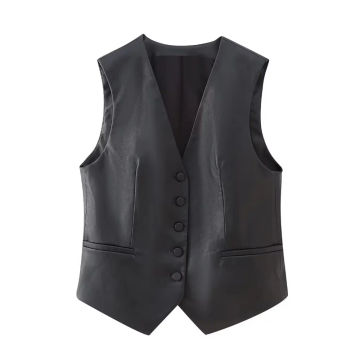UNIZERA2023 Autumn and Winter New Women's Casual Versatile V-neck Button Imitation Leather Fine Cut Black Vest