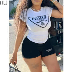 HLJ Casual Letter Print Two Piece Sets Women Round Neck Short Sleeve Top And Biker Shorts Tracksuits Summer Sporty 2pcs Outfits