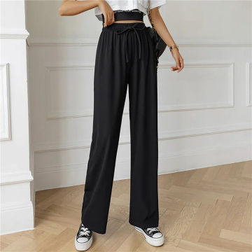 Women Ice Silk Wide-Leg Pants Cool Sweatpants Summer Thin Pleat Loose Straight Pants Office Lady Casual Drawstring Long Trousers