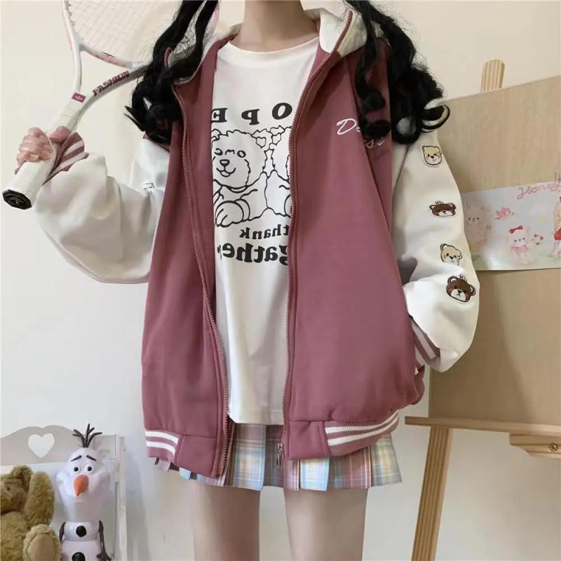 Description Picture 5 of itemCOZOK/ Spring Women Y2k Hooded Pink Baseball Jacket Harajuku Casual Loose Korean Oversize Ladies Coat Streetwear Tops Women