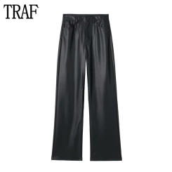 TRAF Faux Leather Pants Women Black High Waist Pants for Women Streetwear Button Women's Pants Fall Straight Leg Woman Trousers