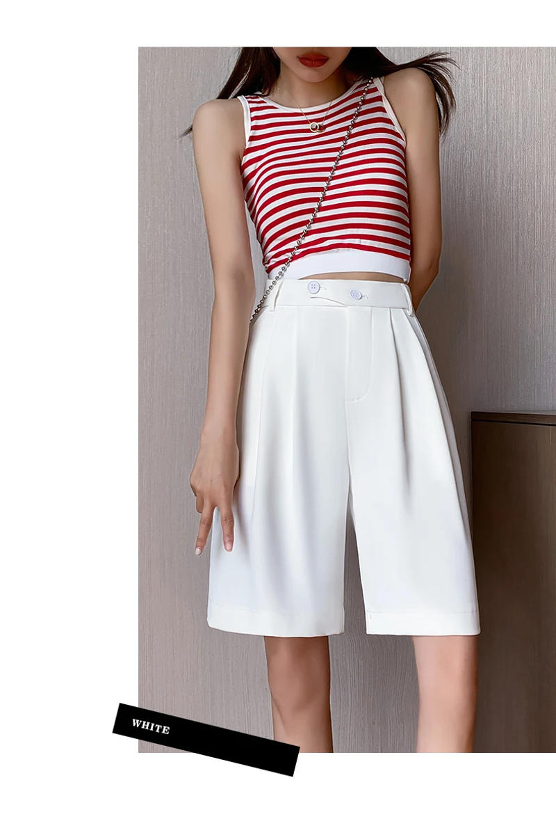 Description Picture 6 of itemSummer White High Waist Women's Casual Half Pants 2023 New Buttons Wide Leg Pants Elegant Loose Trousers Shorts Pockets