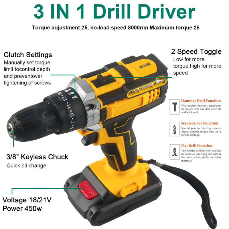 Description Picture 2 of itemDrill Driver 21V,1.3AH Battery, Hammer Drill with 28 N.m Max, 25+3 Position, 2 Variable Speed, 3/8'' Keyless Chuck, Fast Charger