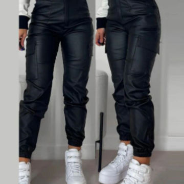 2023 Autumn/Winter Women's Motorcycle Zipper Pleated Pocket Fashion PU Casual Patch Pocket Tight Feet Pants