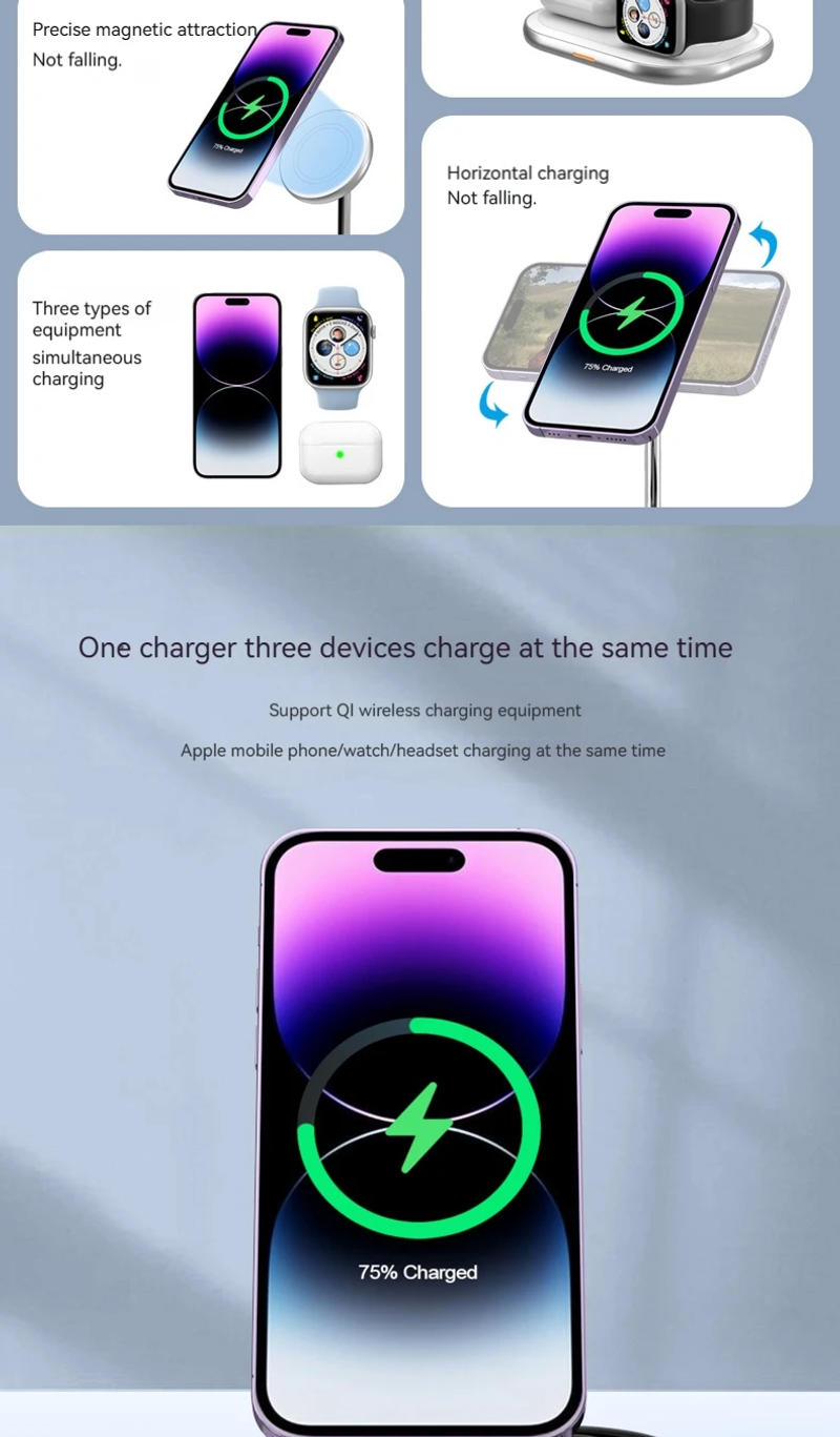 Description Picture 3 of itemMagnetic Wireless Charger Stand for iPhone 15/14 Plus/13/12 3 in 1 Wireless Macsafe Charger Station For Apple Watch/AirPods Pro