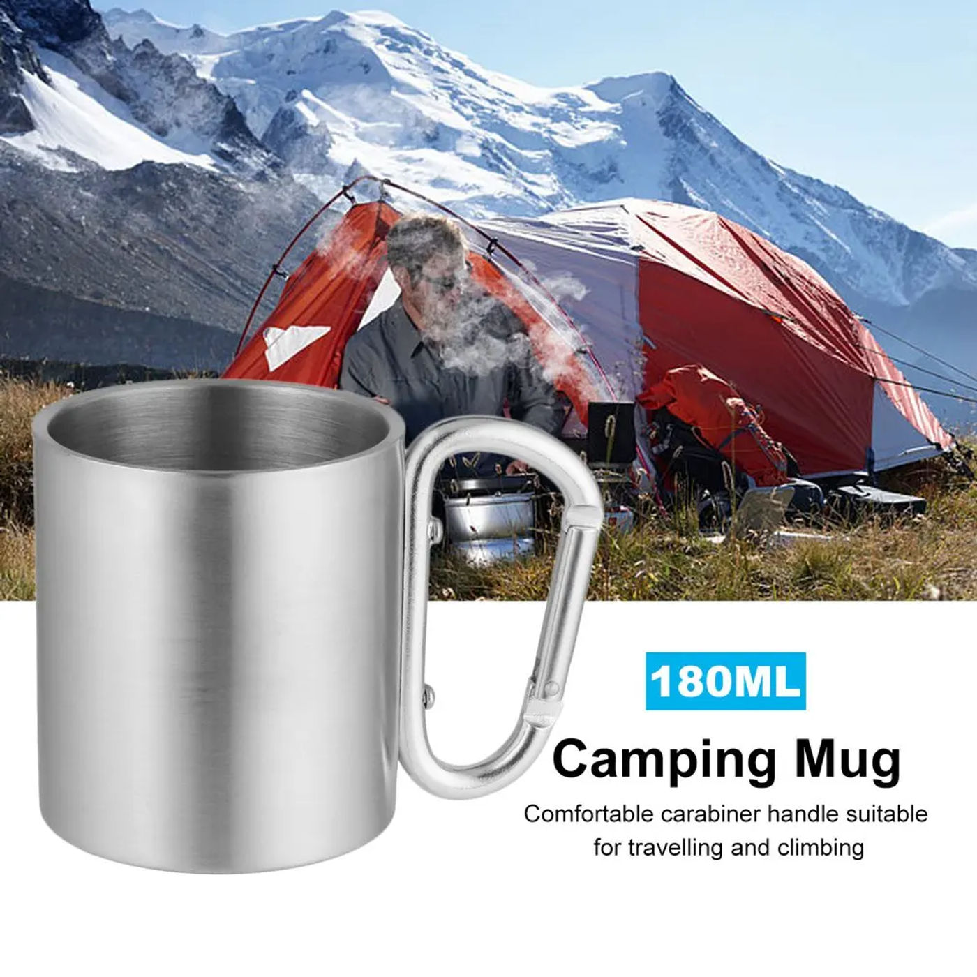 Description Picture 3 of itemPortable Outdoor 180ML Stainless Steel Water Tea Coffee Mug Self Lock Carabiner Handle Cup For Camping Hiking Climbing