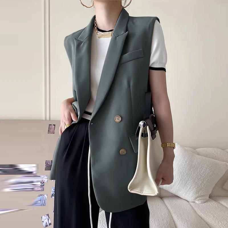 Description Picture 6 of itemKorean Style Sleeveless Casual Blazer ZANZEA Fashion Women Vests 2023 Elegant Peak Lapel Suit Coats Oversize OL Black Vests