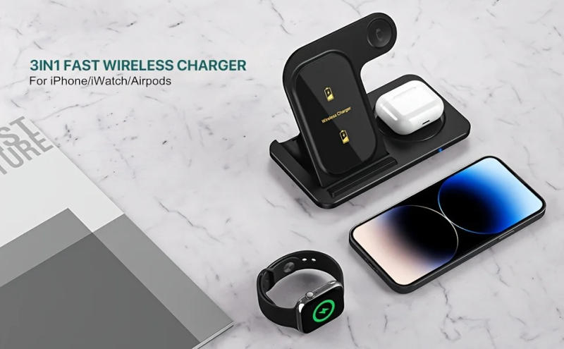 Description Picture 2 of itemFoldable 3 In 1 Wireless Charger Stand Pad For iPhone 15 14 13 12 11 XR Apple Watch 8 7 6 Airpods Pro Fast Charging Dock Station