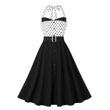 Women's Slim Waist Dresses Sleeveless Halterneck High Waist Retro Dress A-Line Belt Dot Polka Print Maxi Dresses For Women Robe