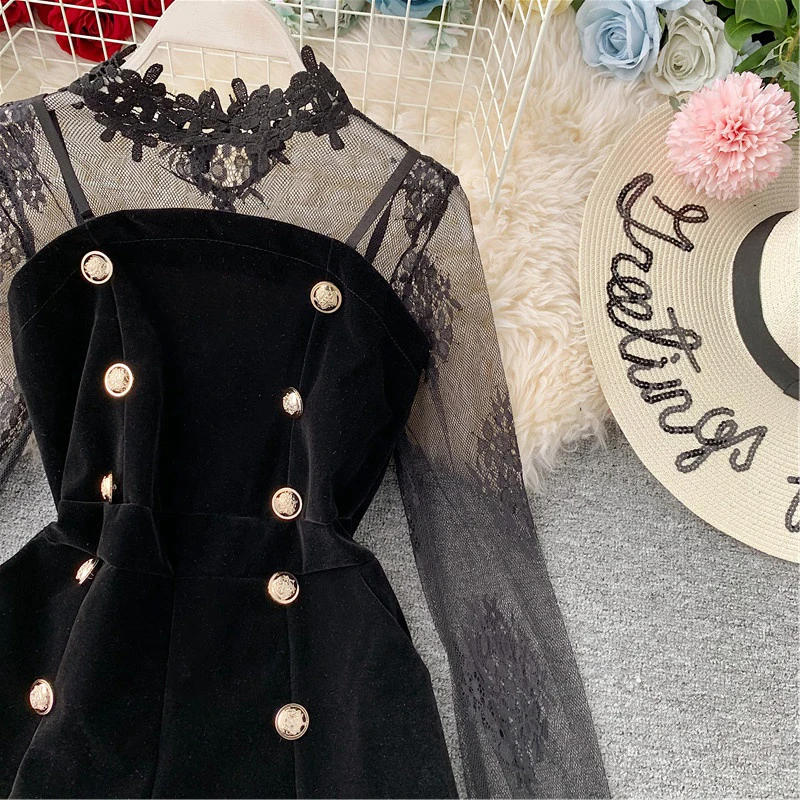 Description Picture 3 of itemGagaok High Street Two Piece Set Women Stand Collar Lace Shirt Waist Slim Chic Button Jumpsuit Korean 2 Piece Sets Sexy Top