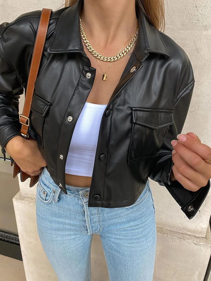 Description Picture 5 of itemWomen Crop Tops Leather Jacket Solid Color Black/White Long Sleeve Button Open Front Lapel Coat with Pockets 2021 Streetwear