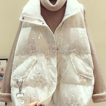 Autumn Winter New Sequins Waistcoat Vest Fashion Casual Medium Length Zipper Big Pocket Sleeve Vest Jacket Women