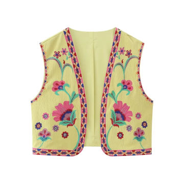 TRAFZA Women Fashion Y2k Vintage Floral Embroidery Vest Top V Neck Loose Casual Summer Woman Short Cardigan Waistcoat Chic Tops