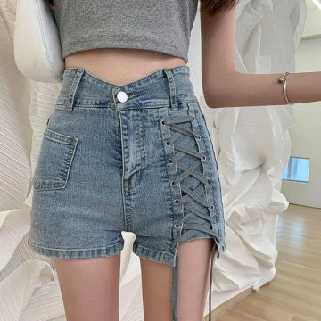 Spice Girls Show Thin Denim Shorts Women 2021 Summer New Cross Bandage Design Sense High Waist A-line Women's Hot Pants A009