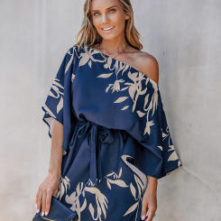 Leaf Print One-Shoulder Belted Mini Dress For Women Casual Half Dolman Sleeve A-line Holiday Dress 2024 Summer Female Dress