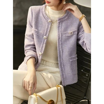 CJFHJE Women's Purple Casual Tweed Short Coat  Autumn New Korean Fashion Office Lady Commuting Round Neck Top New Female Jacket