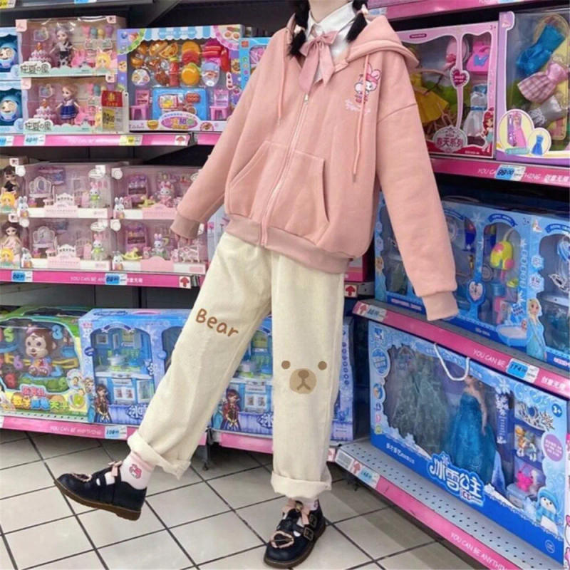 Description Picture 2 of itemKahaki Cartoon Pants Women Autumn Cargo Trousers Streetwear Loose Harajuku Fashion Summer Ulzzang Funny Bear Print Pants Femme