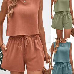 Summer Women's Tanks Two Piece Set Suit Fashion Ladies Blouse Drawstring Casual Shorts Loose O-neck Pocket Femme Clothing