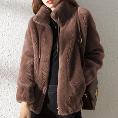 Women's Winter Polar Fleece Padded Zipper Coat Solid Color Lamb Fleece Warm Cardigan Coat Jacket Zipper Pocket Casual Jacket