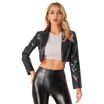 Long Sleeve Jacket for Women Bright And Glossy Patent Leather Lapel Cropped Coat Ladies Wet Look Clubwear Cosplay Party Costume