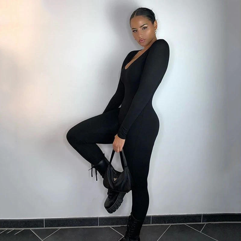 Description Picture 4 of itemDeep Neck Long Sleeve Jumpsuit Skinny Black Stretchy Bodycon Jumpsuits Autumn Winter Women Fashion Streetwear Outfits Romp