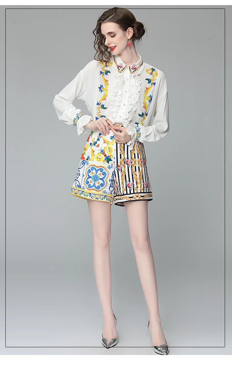 Description Picture 5 of itemBanulin Summer Runway Flower Print Two-piece Set Women Flare Sleeve Ruffles Shirt Top and Stripe Pocket Shorts Suits Set N56608