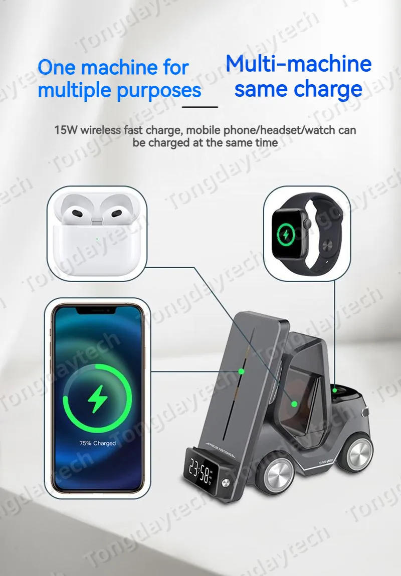 Description Picture 3 of itemAlarm Clock Wireless Charger Station For Apple Watch Airpods Pro Car Design Night Light Charging Station For Iphone 11 12 13 14