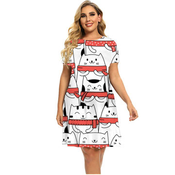 Deep Forest Animal Cat Pattern Dress Women For 2022 Summer Short Sleeve Dresses Fashion Kawaii A-Line Dress Oversized Clothing