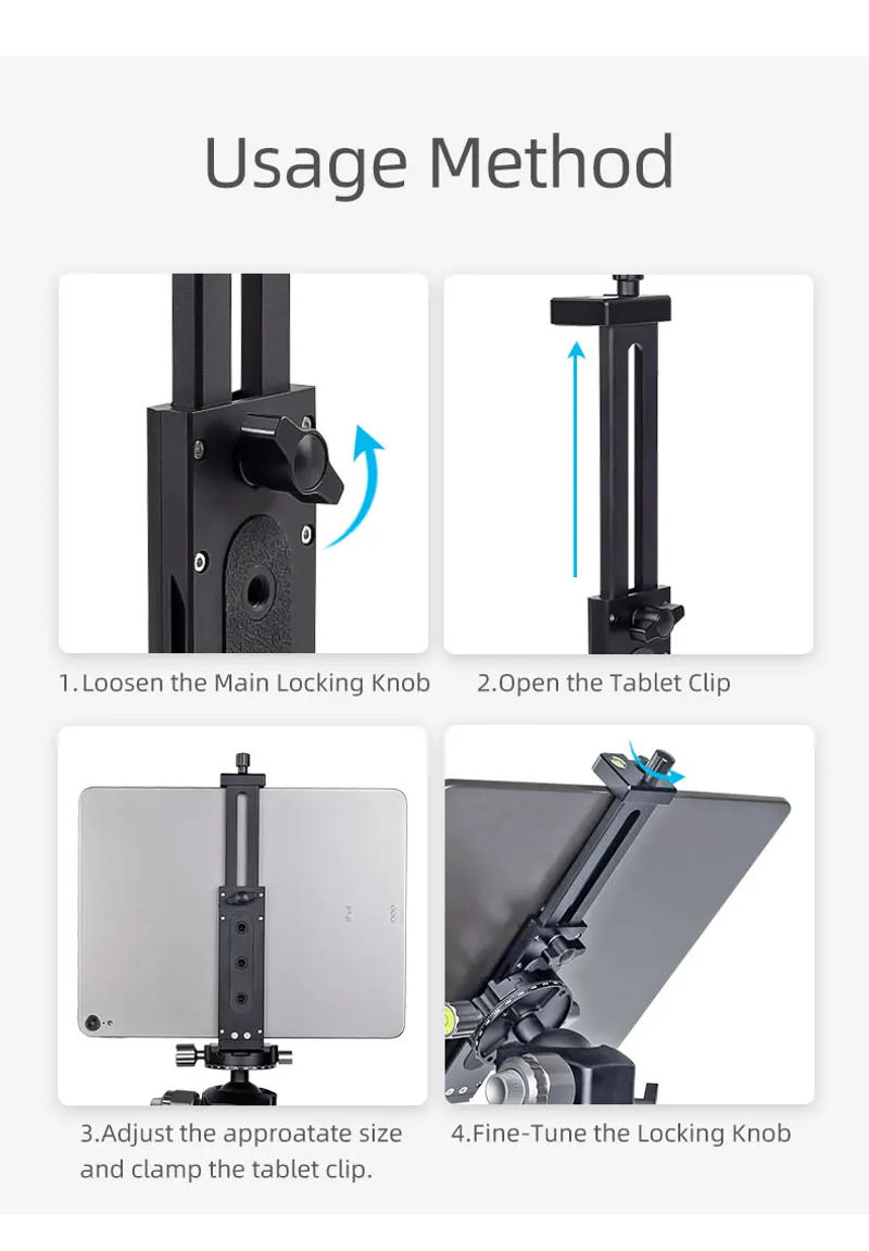 Description Picture 6 of itemUniversal Aluminum Alloy Tablet Phone Stand Holder Clip Tripod Adjustable Bracket for Mobile Phones Ipro Tablets Tablet Holder