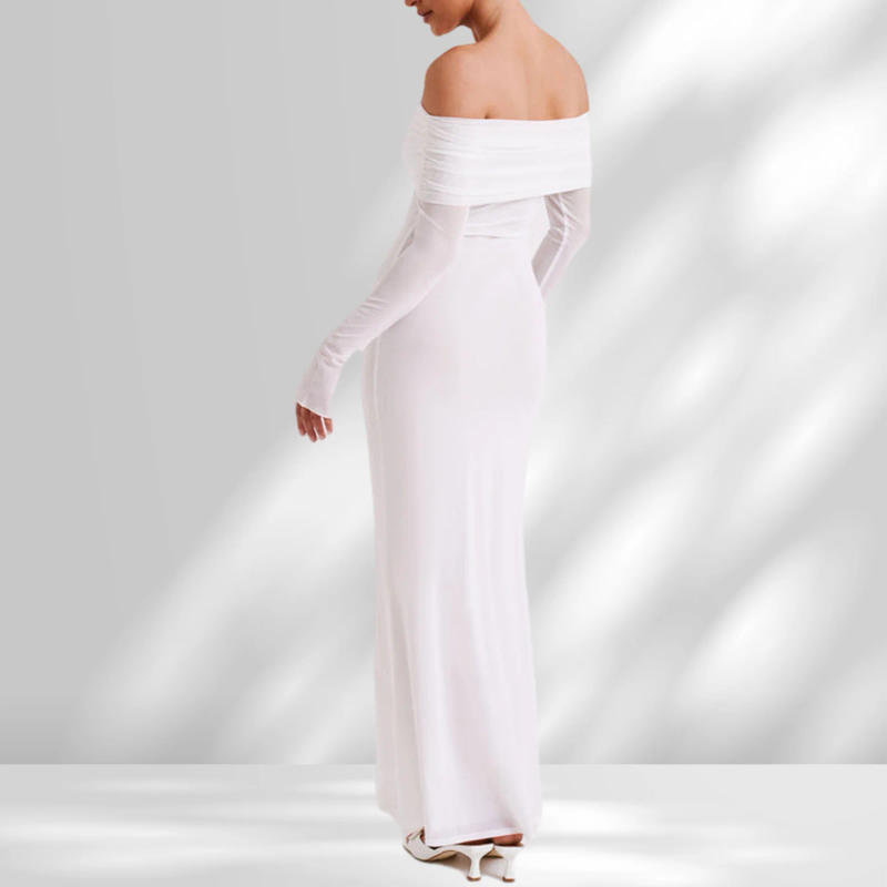 Description Picture 4 of itemWomen Long Sleeve Dress Spicy Girl Slash Neck Tunic Long Dress Slim Fit Waist Maxi Dress Solid Color Backless Vacation Outfit