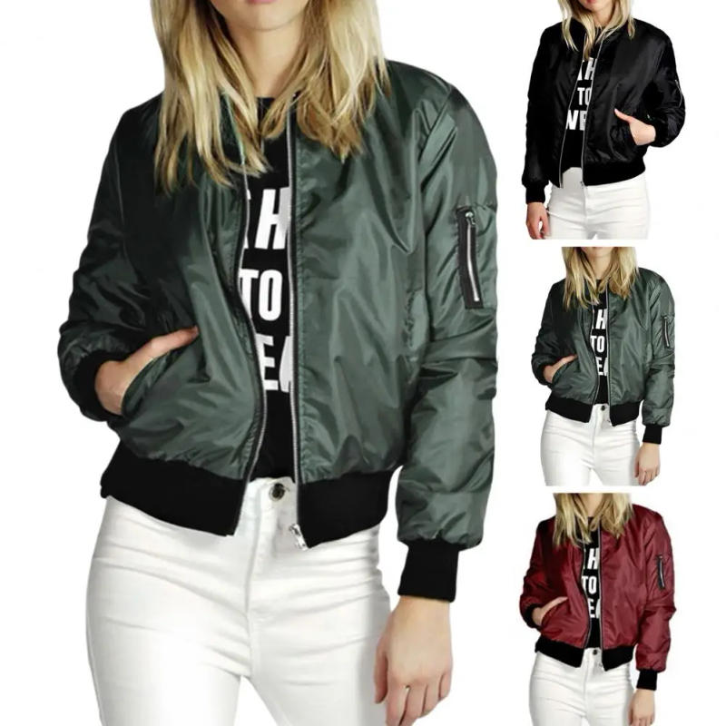 Description Picture 5 of itemWomen Casual Pocket Bomber Jacket Loose Commuter Streetwear Lady Spring Coat Zipper Cardigan Stand Collar Women Jacket Outerwear