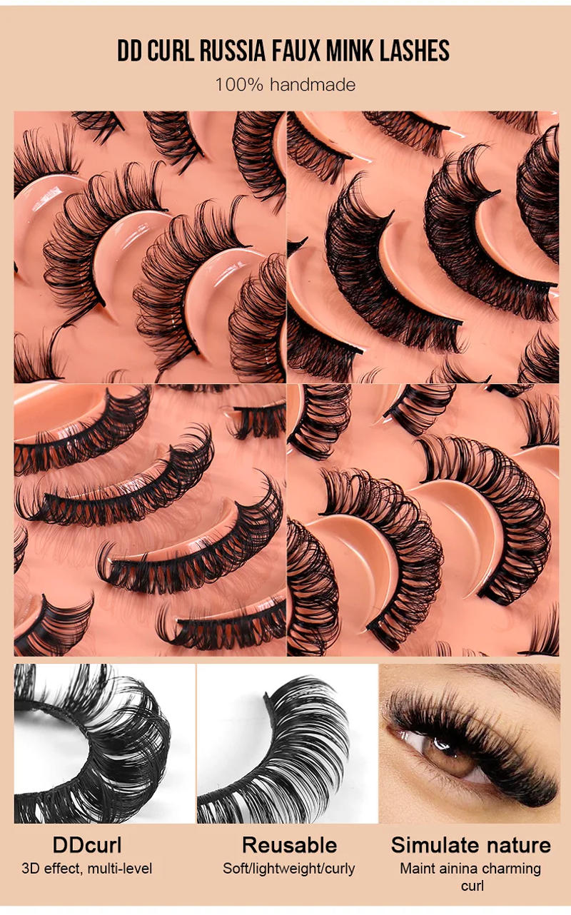 Description Picture 3 of itemDD Curl Russian Strip Lashes 20/5 Pairs Volume Thick Fluffy Faux Mink Lashes Makeup False Eyelash Bulk Fake Eye Lashes