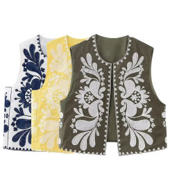 TRAFZA 2023 Women Floral Embroidered Vest Top Summer Casual Vintage Y2k Cardigan Waistcoat Woman Chic Loose Outerwear Vsets