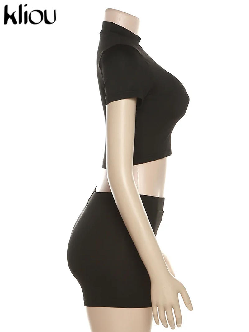 Description Picture 3 of itemKliou Letter Applique Solid Two Pieces Set Women Sporty Crew Neck Crop Tops + High Waist Shorts Lady Minimalist Activewear Suit