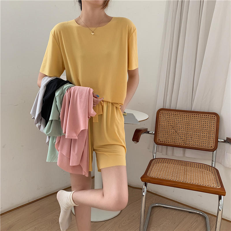 Description Picture 3 of itemSummer Casual 2 Piece Women Set  Short Sleeve Tops And Shorts Elastic Waist Soft Cool Lce fabric Two Piece Set Woman Outfits