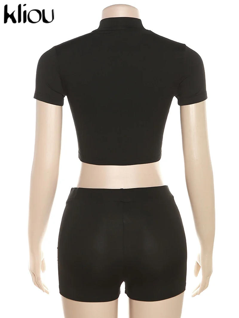Description Picture 4 of itemKliou Letter Applique Solid Two Pieces Set Women Sporty Crew Neck Crop Tops + High Waist Shorts Lady Minimalist Activewear Suit
