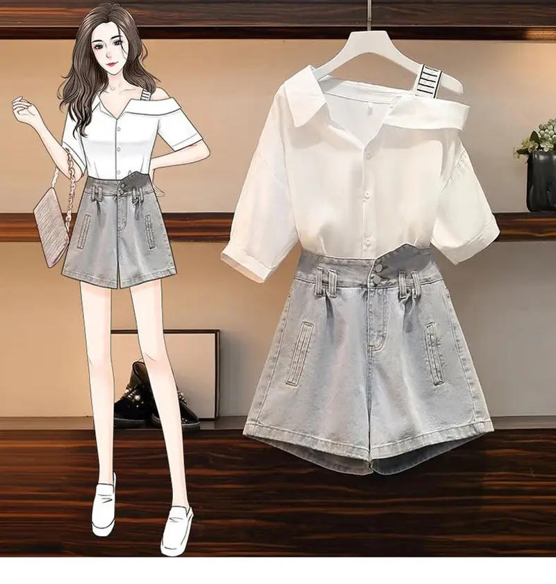 Description Picture 2 of itemWomen's Summer Suits Korean Elegant Off-the-Shoulder Tops Loose Jeans Two Pieces 2022 New Oversized Shirts Denim Shorts Set