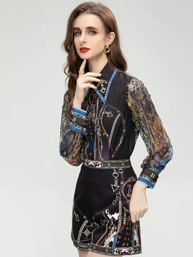 Description Picture 5 of itemMARYYIMEI Fashion Designer Summer Women's Turn-down Collar Lace Long Sleeve Printing Single Breasted Two Pieces Set