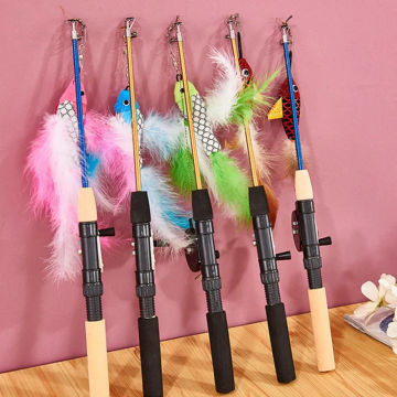 Pet Cat Toy Stick Feather Wand Toys Interactive Fish-shaped Telescopic Fishing Rod Cat Teaser Toy Supplies Random Color