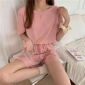 Summer Casual 2 Piece Women Set  Short Sleeve Tops And Shorts Elastic Waist Soft Cool Lce fabric Two Piece Set Woman Outfits