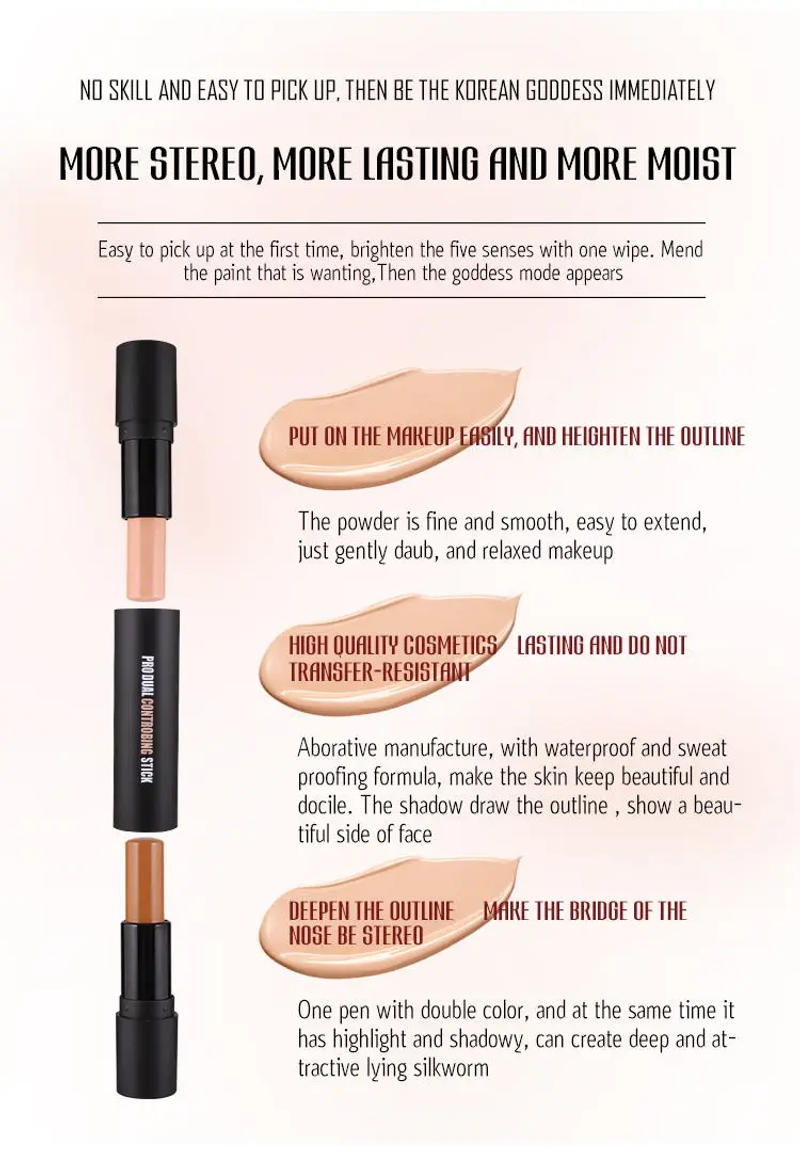 Description Picture 5 of item2 In 1 Matte Highlighter Contouring Stick Lasting Waterproof Non-stick Smooth Face Contour Shadow Highlight Concealer Cosmetics
