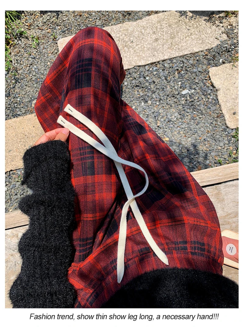 Description Picture 5 of itemJielur Vintage Plaid Spell Color Women Pants Korean Elastic Waist Slim Straight Fashion Female Streetwear Casual Wide Leg Pants