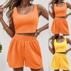 Orange Two Piece Outfits Women Soft Shorts Sets Light 2 Piece Sleeveless Matching Crop Top And High Waisted Beach Shorts femme