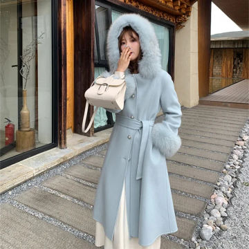 Women Solid Faux Fur Collar Hooded Woolen Coats 2023 Autumn Winter Long Sleeve Elegant Warm Long Coats Korean Fashion Overcoats