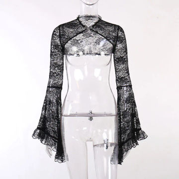 Black See Through Floral Lace Flare Sleeve Extra Short Vintage Steampunk Clothes Women Gothic Jacket Victorian Coat Streetwear